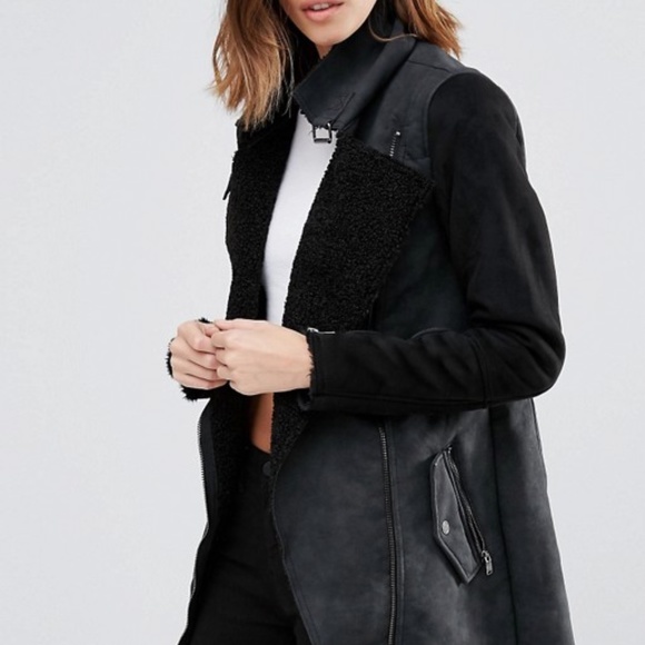 Long Faux Shearling Contrast Biker Coat by Only - Picture 2 of 13